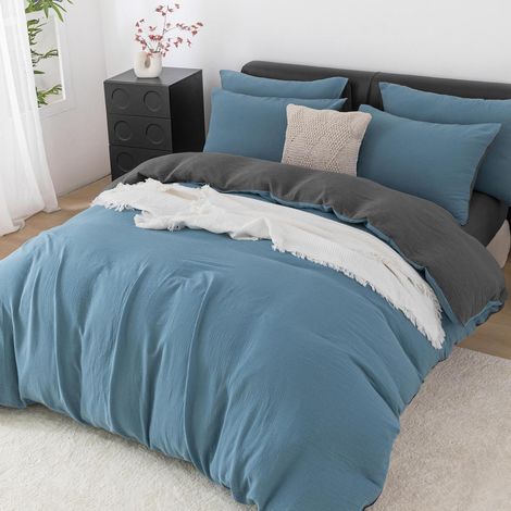 Parure de lit double gaze 200x220 Petrol Gris 100% Coton 4 Saisons