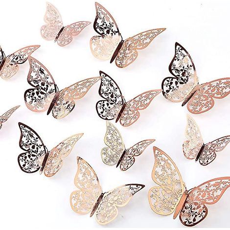 or Rose ,24 Pieces Autocollants Papillon 3d 3 Tailles Dcalcomanies Murales Dcoration Murale De Chambre Pour Chambre Fte Mariage (1/5)