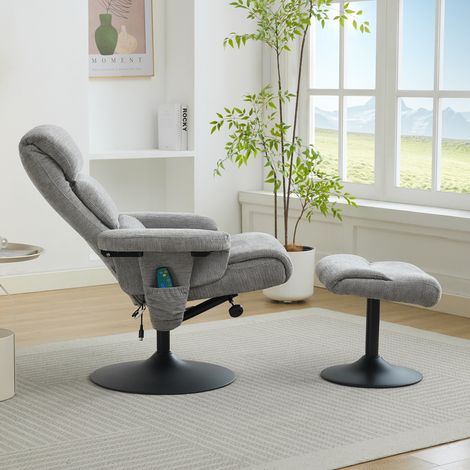 Fauteuil relax 77x75.5x100 cm gris en chenille avec massage 5 points, chauffage et pivotement 360° (1/5)