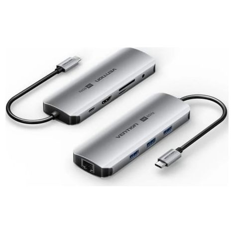Docking USB Tipo-C Vention TQLHB/ 1xHDMI 4K/ 3xUSB/ 1xUSB Tipo-C PD/ 1xRJ45/ 1xJack 3.5mm/ 1xLector de Tarjetas/ Gris