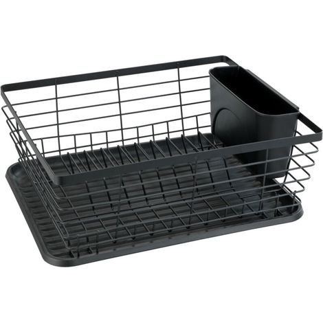 Modernes Abtropfgestell, Abnehmbare Abtropfschale, Besteckkorb, Leichte Reinigung, Pulverbeschichtetes Metall und Kunststoff, 36x15x30,3 cm, Schwarz (1/5)