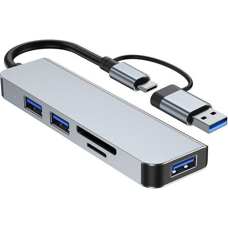 5-in-2 USB-A- und USB-C-Hub, Typ-C-Dockingstation, Multiport-Adapter, USB 3.0-Schnelldatenübertragung, SD/TF-Kartenleser, geeignet für Desktop-Computer, Laptops, PCs und Spielekonsolen. (1/2)