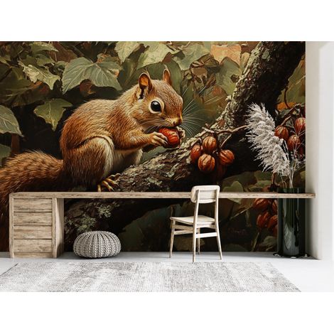 Papier peint animaux - écureuil gourmand sur une branche - 150 x 250 cm (1/2)