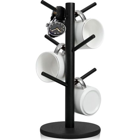 Dailygoods,Soporte de madera para tazas,Estante para tazas,Soporte negro para tazas de café,6 ganchos,Tamaño 34 x 16 cm (1/5)