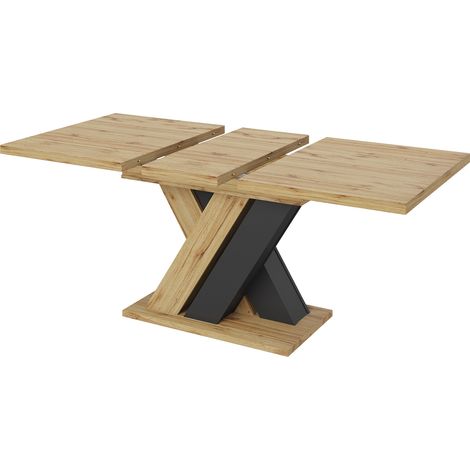 Mesa de comedor extensible de MDF 119-158,5 x 80 cm con patas en X, negra y efecto madera (1/5)