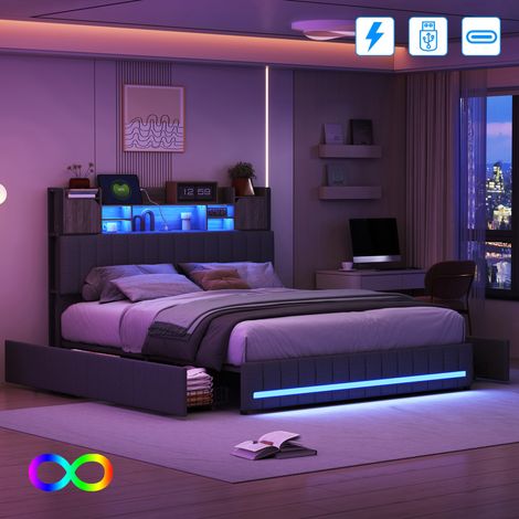 Lit adulte 140x190 cm avec éclairage LED, ports de charge, 4 tiroirs, tête de lit avec rangement, revêtement en lin gris