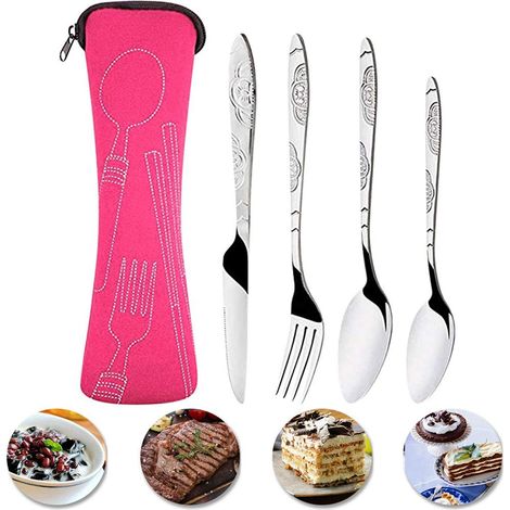 Ensemble couverts 4 pièces acier inoxydable couteau/cuillère/fourchette, vaisselle portable légère camping/maison/fêtes.