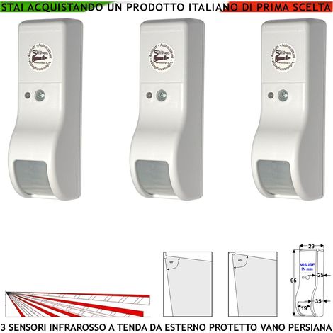 Rilevatore Movimento Infrarosso Tenda Esterno 3 Pezzi Vano Persiana Dual Pir Rileva Estraneo Invia Allarme Portata 8 MT 60° Vert. 7° Oriz. Alimentazione 12 V Assorbimento 10 mA Cover Bianco ABS IP31 (1/4)