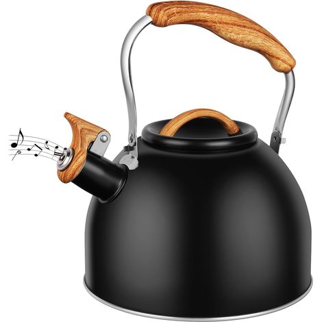 Hervidor de agua con silbato, tetera de inducción de 3 l, retro con silbato, de acero inoxidable vintage, con mango de madera antiescaldaduras, para té y café.