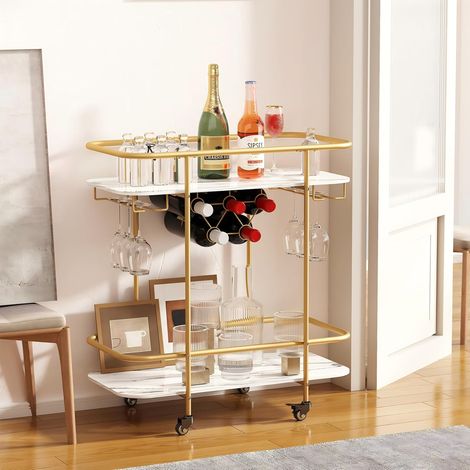 Chariot de Bar Mobile à 2 Niveaux avec Porte‑Vins, Doré Chariot de Service Moderne Roulant avec Porte‑Verres, Chariot de Rangement pour Apéritif, Boissons, Cuisine, Salon, Fête (1/5)