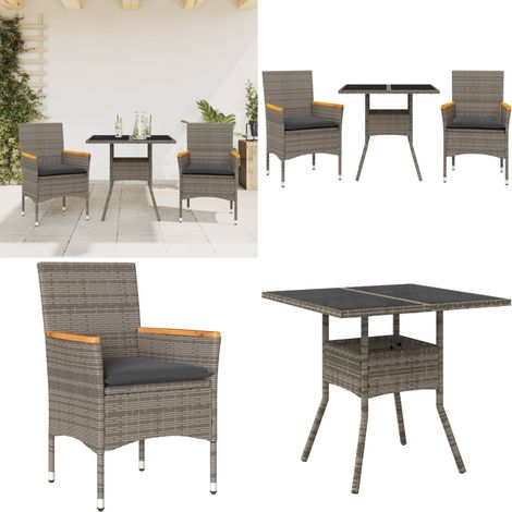 Ensemble à manger de jardin et coussins 3 pcs gris rotin verre - Meubles De Jardin - Salon De Jardin - Set De Jardin - Mobilier De Patio - Table De Jardin - Home & Living (1/5)