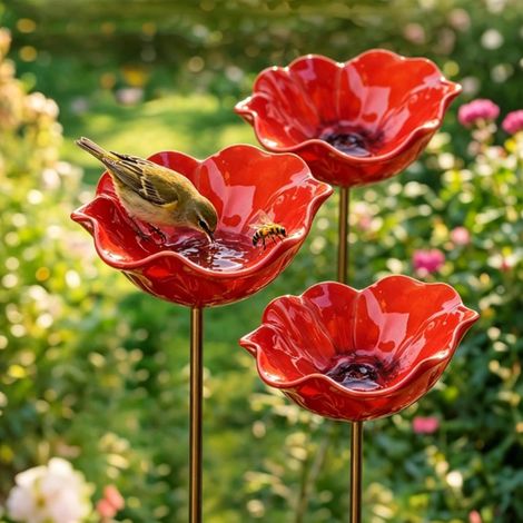 Vaschetta da bagno per uccelli in metallo, 3 pezzi, con decorazioni floreali, picchetti da giardino realizzati a mano, vaschetta da bagno/abbeveratoio per insetti resistente, set da 3 pezzi per giardi (1/5)