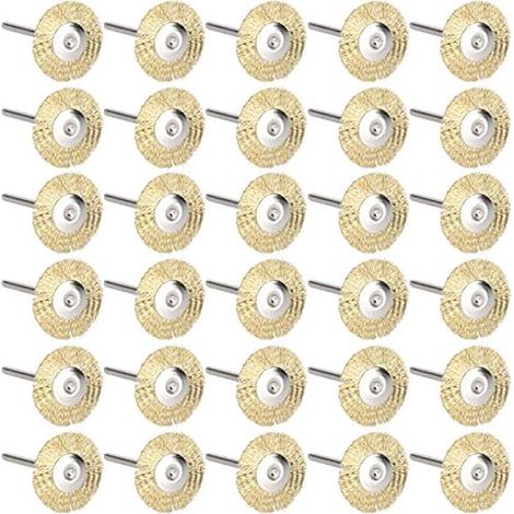 Brosses Métalliques, 30pcs Roue de Brosse Plate Mini Outils de Polissage de Retrait de Brosse en Laiton en Bois (fil de Laiton) Sculpture sur Rouille/corrosion/peinture (fil de cuivre) (1/5)