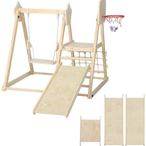 Structure d'escalade 5-en-1 pour enfants avec toboggan, balançoire, panier de basket, filet d'escalade pliable en bois naturel, 3-6 ans (1/5)