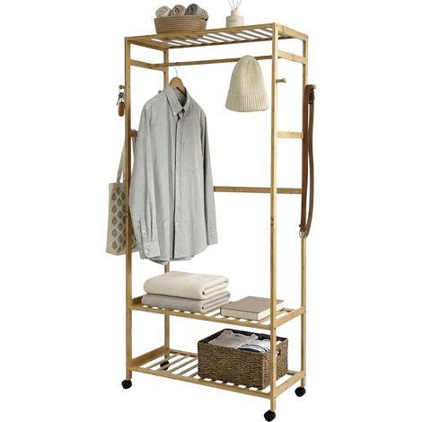 Perchero Bambú Take Dormitorio, Baño, Vestidor Abierto con 4 Ruedas Marrón 78x169x37 cm