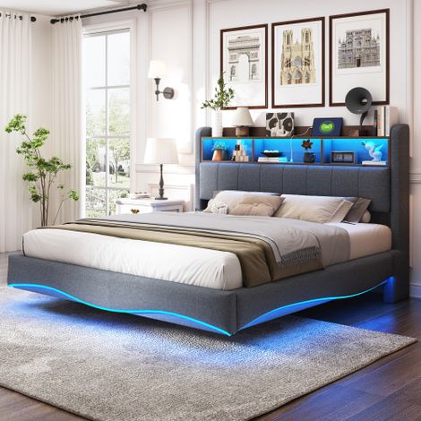 Letto imbottito sospeso 160200 in tessuto di lino, letto contenitore multifunzionale con luce LED, interfaccia USB e TYPE-C, grigio (1/5)