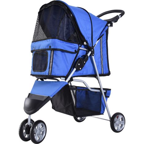 Chariot petit chien avec panier rangement fenêtres maille 2 roues universelles 75x45x97 cm Bleu