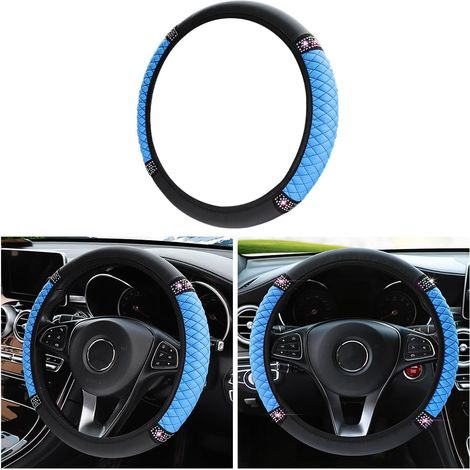 Housse de volant en cuir souple, protection de volant élastique auto ornée de strass colorés, diamants en cristal scintillants pour femmes et filles (bleu) (1/5)