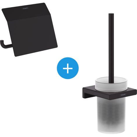 Hansgrohe AddStoris Set Toilettenpapierhalter mit Deckel + Wand-WC-Bürstenhalter aus Mattglas, Mattschwarz (41753670-Addstoris)