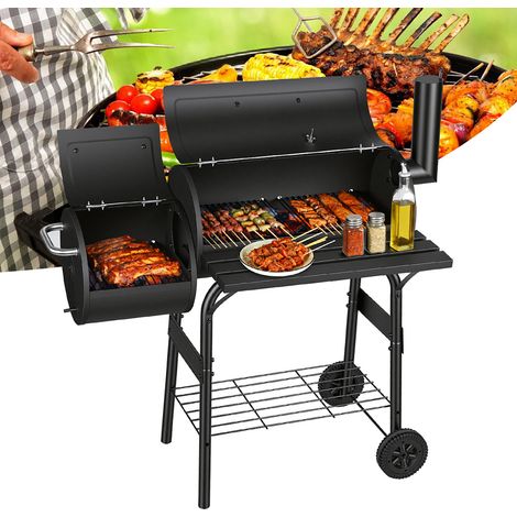 Jiubiaz Barbecue a carbone nero, stazione grill su ruote con 2 camere, carrello BBQ da esterno con 2 ruote e indicatore di temperatura