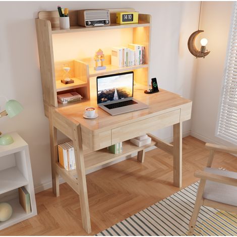 Scrivania per bambini 84x60x127.5 cm naturale in legno massello con altezza regolabile, LED, USB e cassetto (1/5)