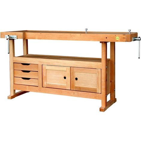 Outifrance – Établi modulable bois 1,50m – Plateau multiplis 25mm – Caisson avec 3 tiroirs – Serrage avant et arrière pour longueurs jusqu’à 1,40m