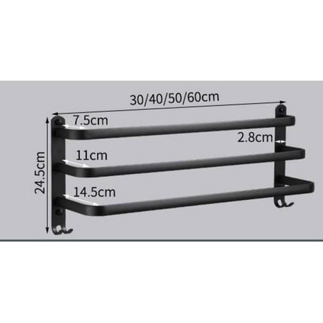 Porte-Serviettes - 3 Barres - Aluminium - Murale Sans Percage - Salle De Bain Cuisine - 60 cm - Noir (1/4)