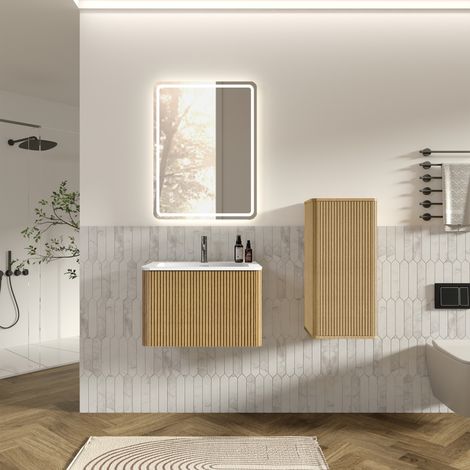 Set meuble vasque 60cm avec miroir LED, lavabo céramique, miroir carré, meuble latéral chêne, salle bain design, éclairage moderne et rangement complet (1/5)