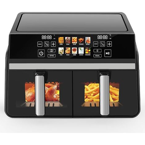 GBLY Freidora de Aire Caliente 2 Cámaras 10L 5+5L Ventana Visor Dual Zone SYNC DUAL 2200W Pantalla Táctil Temporizador 24h Lavable Lavavajillas