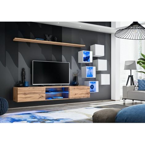 Ensemble meuble TV mural Switch XXI - L 240 x P 40 x H 120 cm - Marron et blanc - Livraison gratuite