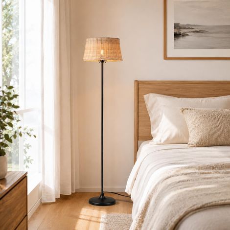 Lampadaire E27 Abat-jour Bambou et Osier Structure Noire 147 cm (1/5)