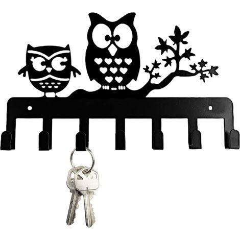 Porte-Clés Mural Accroche Clef, Patère en Métal Noir de Chouettes Décoratif avec 7 Crochets pour mur, entrée, couloir, bureau, porte (Feuille)