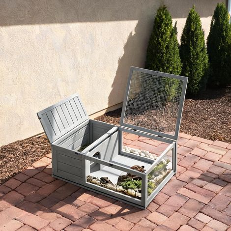 Enclos pour tortues avec abri en bois gris 91 x 61,5 x 32 cm (1/5)