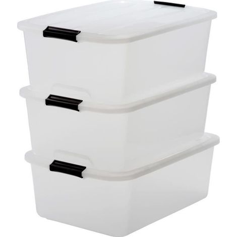 Iris Ohyama, Boite Rangement Plastique avec Couvercle, 30L, Lot de 3, Transparent, Clips de Fermeture, Poignée, Empilable, Portable, Solide & Durable, pour Dressing, Garage, Chambre, Bureau, TB-30