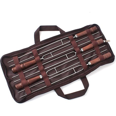 Ensemble de 5 fourchettes à barbecue en acier inoxydable avec manche en bois, idéales pour le camping et les voyages. (1/5)