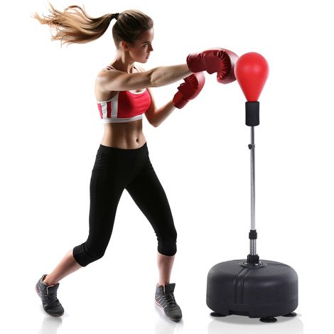 Sac de frappe avec support, hauteur réglable de 136 à 154 cm, autoportant, avec gants de boxe, pour adolescents et adultes, idéal pour l'entraînement, la gestion du stress et la remise en forme, rouge
