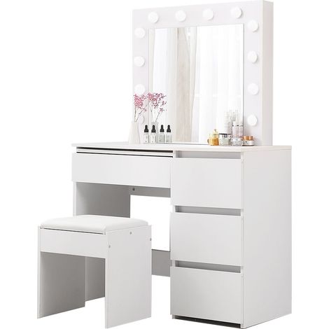 Levede Vanity Makeup Dressing Table White with Led  Light Mirror Drawer PU Stool
