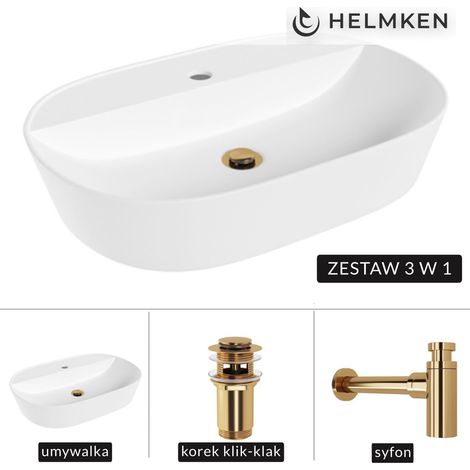 Lavabo de encimera Helmken 46060000 (60x40) blanco + sifón dorado + tapón de clic dorado (1/5)