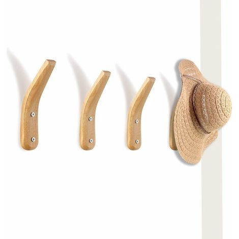 Lot de 4 crochets muraux en bois naturel, porte-manteaux muraux modernes et simples en forme de V pour suspendre manteaux, chapeaux, sacs et serviettes. (1/5)