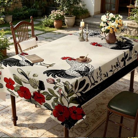 Nappe rectangulaire noire à motif floral et coq, 1 pièce, idéale pour une table de pique-nique, résistante aux taches, parfaite pour une cuisine de style campagnard. (1/4)