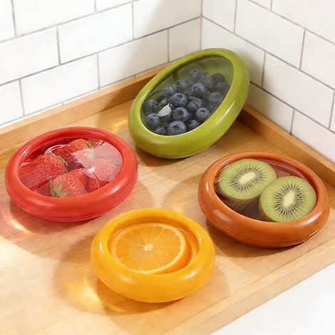 4 Pièces Silicone Fruit Storage, Réutilisable Boîte à Fruits avec Membrane Élastique, Boite Conservation Avocat en ABS, Convient aux Citrons, Tomates, Oignons et Pommes (1/5)