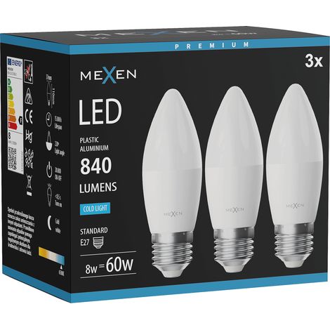 Mexen Nova 3x Ampoule LED E27, C37, 8W, Froid - 6500K, 840 lm - L102-E27-0865-01x03 (1/3)