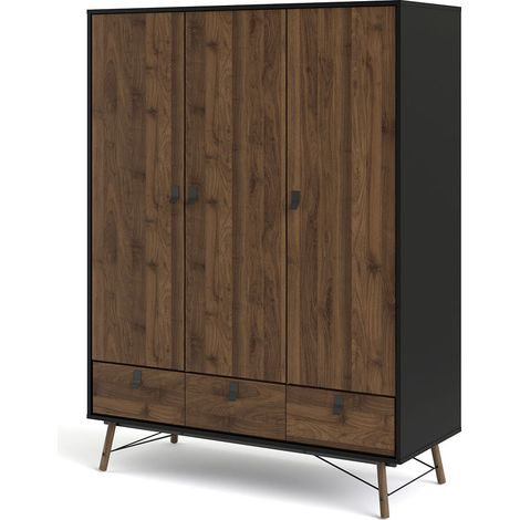 Rye Kleiderschrank 3 Türen, 3 Schubladen mattschwarz, Walnuss Dekor.