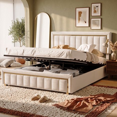 Lit de 160x200 cm avec rangement,tête de lit matelassée,lit double avec sommier à lattes et système de levage hydraulique,cadre en velours blanc avec ornements dorés,pour adolescents et adultes,beige (1/5)