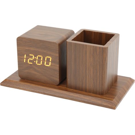 Réveil numérique LED en bois marron - porte-stylo, horloge, température, calendrier, réglage de la luminosité sur trois niveaux, commande vocale, affichage de texte rouge. (1/5)