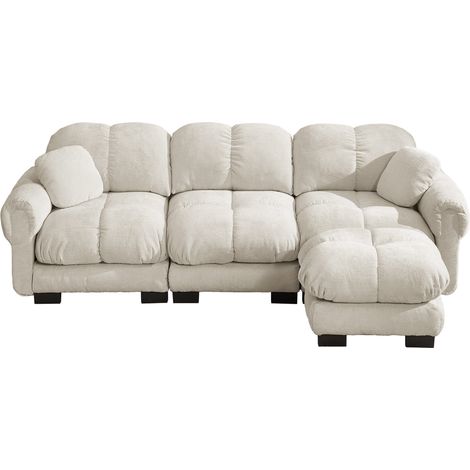 Divano angolare a L 3 posti in ciniglia con pouf mobile e 2 cuscini decorativi, beige chiaro (1/5)