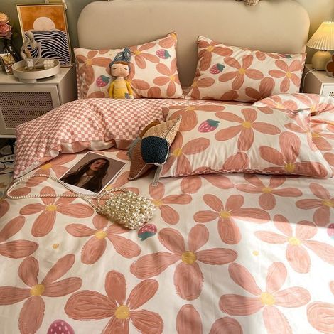 Ensemble de 4 pièces en coton lavable pour lit 160 x 200 cm – Taie d’oreiller, housse de couette et draps assortis avec motif floral romantique rose – Couette 180 x 220 cm incluse