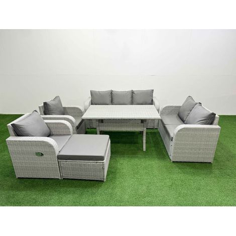 Fimous PE Rattan Garden Furniture Set Reclining Chair Sofa Double Love Seat 2 Seater Sofa Lounge Set Rectangular Dining Table Big Footstool Light Grey (1/4)
