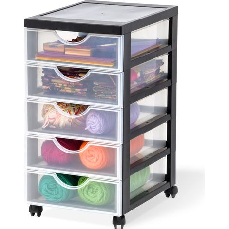 Tour de rangement à Roulettes en Plastique, 5 Petits Tiroirs, Noir, Ouverture Facile, Meuble de Rangement, Papeterie, pour Chambre, Salle de Bain, École (1/5)