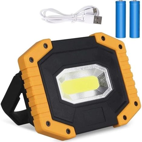 Projecteur LED Rechargeable,20W USB 1200LM Lampes de Travail à LED,Projecteur Chantier Lampes de COB Camping Imperméable Portable avec 3 Modes pour Camping,Chantier,Garage, (2 piles incluses) [Classe (1/5)